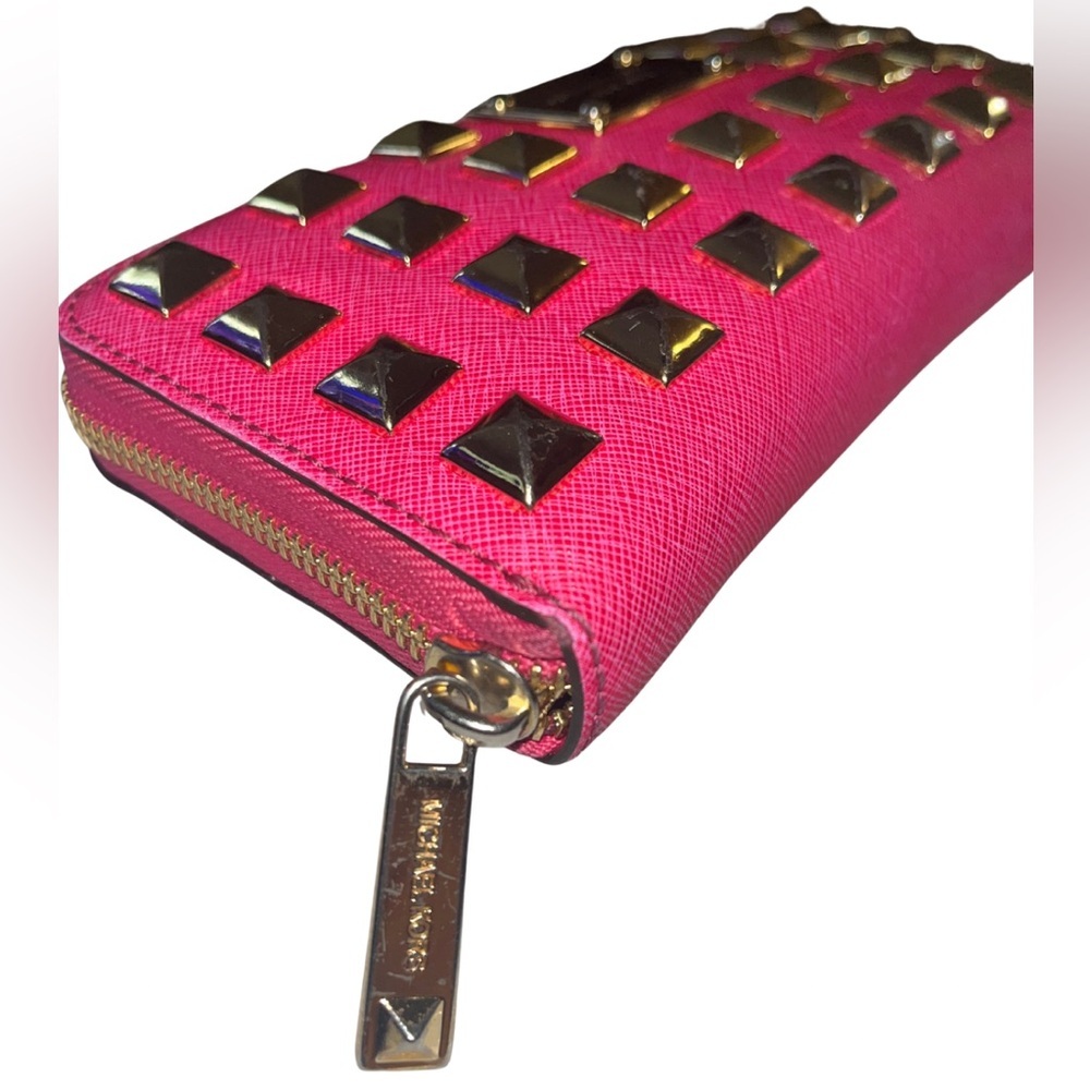 Michael Kors Fuchsia Pink Pyramid Studded Continental Zip Wallet - Picture 13 of 16
